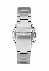 Orologio in acciaio inossidabile argentato con finitura lucida e satinata, una cassa di forma geometrica e una chiusura sicura. Presenta incisione del marchio.