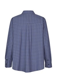 Camicia a maniche lunghe in tessuto blu con motivo a griglia. Presenta uno sprone posteriore e una tasca sul petto. Polsini con bottoni neri.