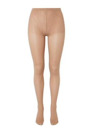 Collants beiges transparents avec ceinture et bouts renforcés, présentés debout sur un fond blanc.
