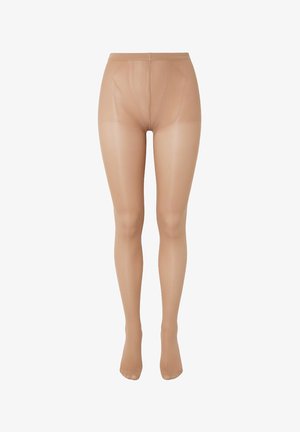 Beige doorzichtige panty met verstevigde tailleband en tenen, rechtop weergegeven tegen een witte achtergrond.