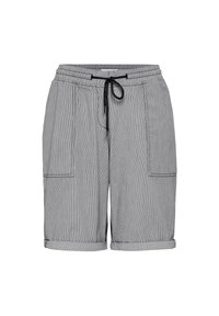 Striped gray shorts with a drawstring waist, two side pockets, and folded hems. Made from lightweight fabric with a relaxed fit.
