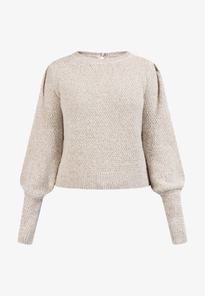 Krémový pletený svetr s texturovaným vzhledem, kulatým výstřihem a nafouklými dlouhými rukávy. Žebrované manžety a spodní lem dodávají přiléhavý vzhled.