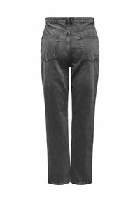 Jean en denim noir taille haute avec jambes larges, comprenant deux poches arrière et des coutures visibles.