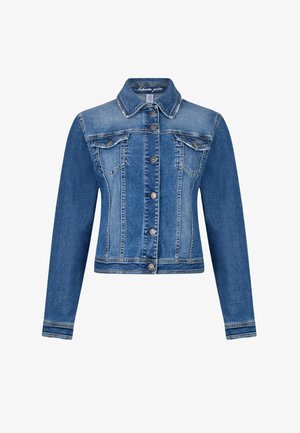 Giacca in denim blu con colletto, chiusura frontale con bottoni, due tasche sul petto e maniche lunghe con una vestibilità leggermente aderente.