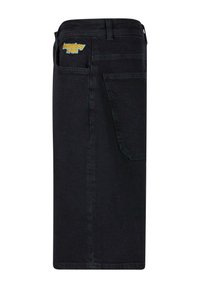 Falda de mezclilla negra con corte recto, que incluye un bolsillo trasero y el logo bordado "homeboy x-tra" en azul y amarillo.