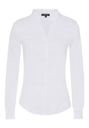 Blouse blanche pour femmes à manches longues avec boutons, col mandarin et taille cintrée, dotée de poignets élastiques.
