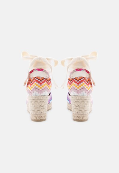 Ζευγάρι πολύχρωμα πλεκτά πλατφόρμας εσπαντρίγιες με κορδέλες στον αστράγαλο, απεικονιζόμενα από πίσω σε λευκό φόντο.