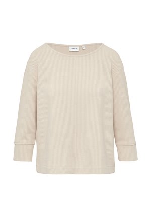 Beige wafelgebreide top met een losse pasvorm, ronde halslijn en driekwart mouwen, met een subtiele textuur en gestikte manchetten.