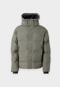 Puffer jacket in olive green, featuring a high collar, zippered side pockets, and elastic cuffs. Smooth texture and padded design.