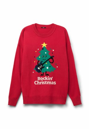 Czerwony sweter z dzianiny z grafiką zielonej choinki Bożonarodzeniowej z gitarą, żółtą gwiazdą i kolorowymi ozdobami. Tekst brzmi "Rockin' Christmas."