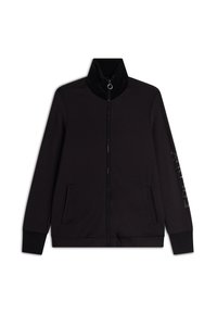 Giacca nera con zip realizzata in materiale morbido, con colletto alto, due tasche laterali e decorazioni lungo una manica.
