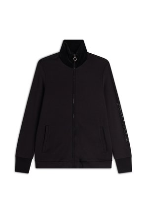 Giacca nera con zip realizzata in materiale morbido, con colletto alto, due tasche laterali e decorazioni lungo una manica.