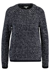 Marinblå stickad tröja med vita vertikala ränder, rund halsringning och långa ärmar. Har texturerad tyg och ribbade muddarna.