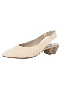 Beige sametové slingback boty s špičatou špičkou, nízkým klínovým podpatkem a měkkou vnitřní podšívkou. Jednoduchý design bez ozdob.