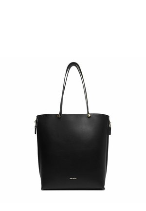 Czarna skórzana torba typu tote z długimi uchwytami, zamkami po bokach i małym złotym logo „Gino Rossi” w pobliżu dolnego środka.