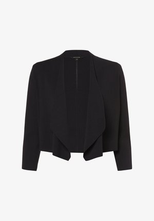 Cardigan noir ouvert à l'avant en maille perlée, avec des manches trois quarts et une coupe décontractée. Aucune fermeture visible.