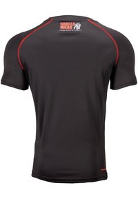 Zwart sport t-shirt met korte mouwen, rode accenten op de naden, Gorilla Wear-logo op de achterkant, gemaakt van vochtregulerende stof voor optimale prestaties.