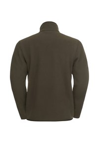 Dunkelolivgrüner Pullover mit langen Ärmeln, hohem Kragen und gerippter Textur. Verfügt über einen geraden Saum und keine sichtbaren Beschläge oder Verzierungen.
