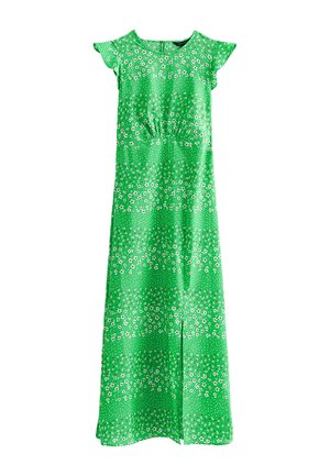 Long green dress with small white and red floral patterns, short flutter sleeves, and a cinched waist.