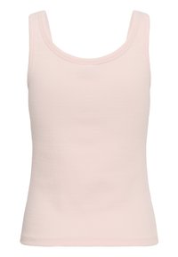 Débardeur rose clair, côtelé, sans manches, avec un col en U et une coupe ajustée.