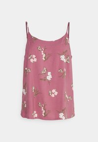 Różowa kamizelka na cienkich ramiączkach, ozdobiona kwiatowymi i motylkowymi wzorami w białych, różowych i zielonych odcieniach; miękka tkanina, luźny krój.