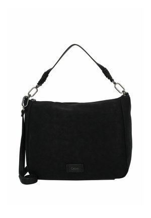 Schwarze synthetische Handtasche mit weicher Textur, ausgestattet mit einem einzelnen Schulterriemen, verstellbarem Seitenbeschlag und Logodetail.