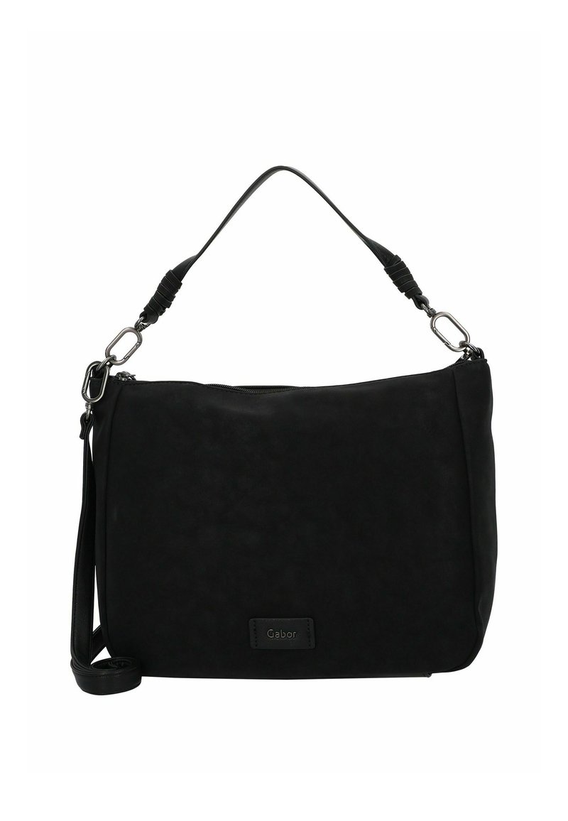 Sac à main synthétique noir avec une texture douce, doté d'une seule bandoulière, d'une quincaillerie latérale ajustable et d'un détail de logo.