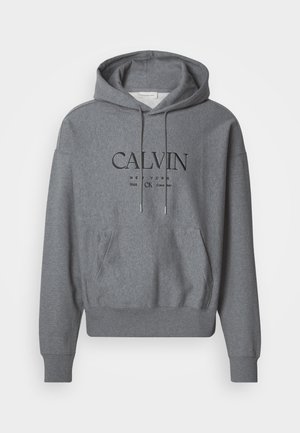 Felpa con cappuccio grigia realizzata in tessuto morbido, con tasca a marsupio frontale, polsini a costine e una stampa del logo prominente sul petto.