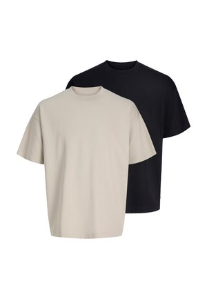 Two plain oversized t-shirts, one beige in front and one black behind, shown on a white background.