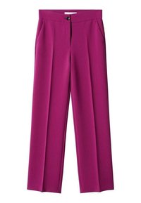 Fuchsia wijde broek van gladde stof met een knoopsluiting, zijzakken en scherpe plooien voor een zakelijke uitstraling.