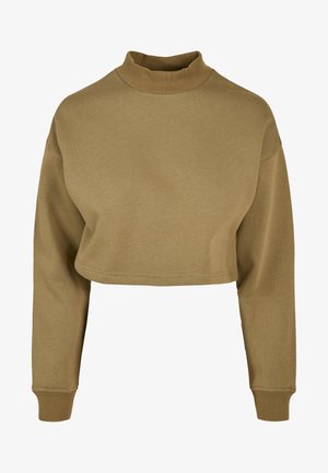 Skrocowana bluza w oliwkowym kolorze, z wysokim kołnierzem, długimi rękawami i prążkowanymi mankietami, uszyta z gładkiego materiału bawełnianego.