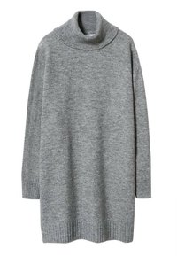 Szary sweter z dzianiny z wysokim golfem i długimi rękawami. Posiada ściągacze na mankietach i dolnym brzegu. Miękka tekstura z luźnym krojem.