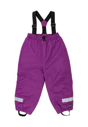 Violetit vedenpitävät housut mustilla säädettävillä henkseliteillä, joustavalla vyötäröllä ja heijastavilla yksityiskohdilla lahkeissa. Suunniteltu ulkokäyttöön.