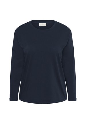 Navy blue long-sleeve shirt made of soft fabric. Features a round neckline and a slightly relaxed fit with curved hem and detailed stitching.