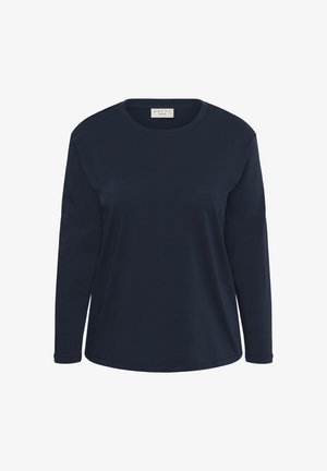 Navy blue long-sleeve shirt made of soft fabric. Features a round neckline and a slightly relaxed fit with curved hem and detailed stitching.
