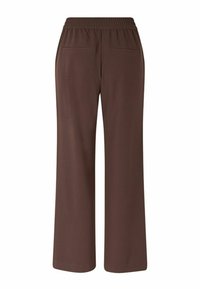 Pantaloni a gamba larga marroni con vita elastica e due tasche a filetto sul retro, presentati su uno sfondo bianco.