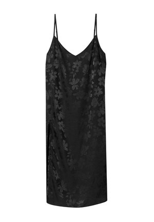 Czarna sukienka na ramiączkach z cienkimi, regulowanymi paskami, z kwiatowym wzorem, gładką fakturą i rozcięciem po boku dla podkreślenia detali.