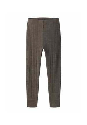 Brune ribstrikkede leggings med elastik i taljen og manchetter ved anklerne, vist fladt mod en hvid baggrund.
