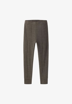 Leggings en maille côtelée marron avec taille élastique et chevilles bordées, présentés à plat sur fond blanc.