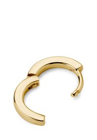 Guldmetal armbånd med en glat, poleret overflade, splitdesign og en sikker låsemekanisme.