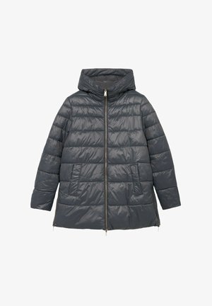 Donzen jas in donkergrijs, voorzien van een kap, ritssluiting aan de voorkant, twee voorzakken en een doorgestikt ontwerp voor isolatie en warmte.