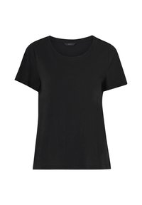 Schwarzes T-Shirt mit kurzen Ärmeln aus weichem Stoff, mit rundem Ausschnitt und lässiger Passform, glatter Textur und ohne Muster oder Verzierungen.