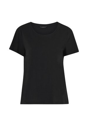 T-shirt noir à manches courtes en tissu doux, doté d'un col rond et d'une coupe ample, avec une texture lisse et sans motifs ni embellissements.