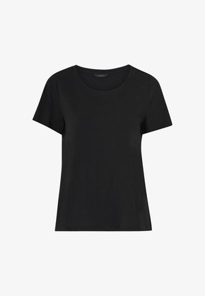 T-shirt noir à manches courtes en tissu doux, doté d'un col rond et d'une coupe ample, avec une texture lisse et sans motifs ni embellissements.