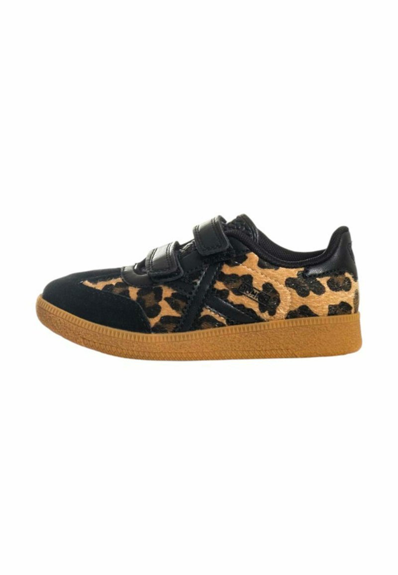 Sneaker leopard print black e tan con materiali in camoscio e pelle, dotata di doppie cinghie Velcro e suola in gomma.