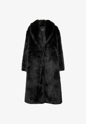 Cappotto in pelliccia sintetica nera con ampio colletto, maniche lunghe e design a metà lunghezza. Texture morbida con una finitura elegante, senza chiusure visibili.
