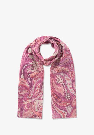 Roze en paarse sjaal met paisley patroon en vloeiende abstracte bloemvormen, gerangschikt in een lus met uiteinden die naar beneden hangen.