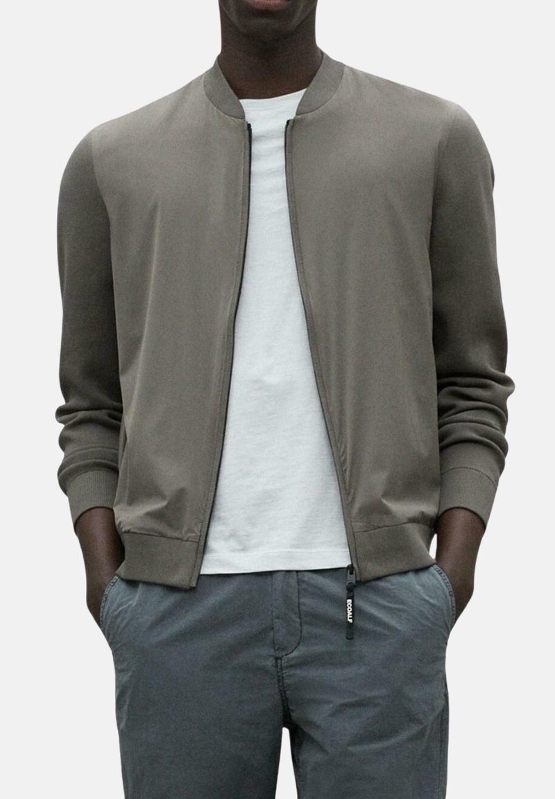 Chaqueta bomber gris con cierre de cremallera, cuello y puños acanalados. Lleva puesta una camiseta blanca. Tejido suave y corte relajado. Acentuada con un logo.