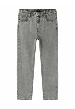 Szare proste jeansy z denimu z przednim zapięciem na guzik i zamek błyskawiczny, szlufkami na pasek oraz przednimi i monetymi kieszeniami.