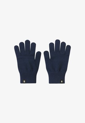 Navy blue knitted gloves with five fingers, ribbed cuffs, and a small black tag featuring a white logo. Soft texture, form-fitting design.